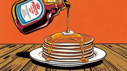 A vibrant 4K Ultra HD wallpaper featuring a bottle of maple syrup pouring over a stack of pancakes, set against an eye-catching orange background.