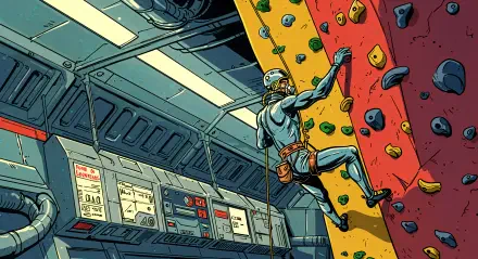 An indoor climbing scene features a climber scaling a colorful wall, set against a futuristic backdrop with control panels, captured in 4K Ultra HD quality for a striking desktop wallpaper.