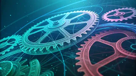 A detailed 4K Ultra HD wallpaper featuring intricate gears and machinery, illuminated by soft blue and pink tones, set against a dark, dynamic background.