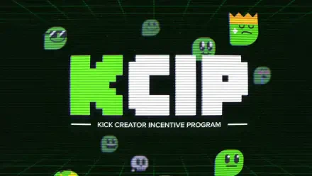 A vibrant HD desktop wallpaper featuring the KCIP logo and playful icons, highlighting the Kick Creator Incentive Program, set against a retro grid background.