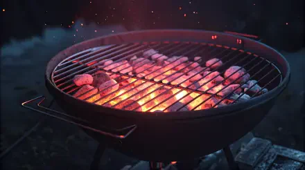 A close-up of a glowing charcoal grill, embers shimmering under the grill grate, set against a dark background, capturing the warmth and vibrancy of outdoor cooking. 4K Ultra HD wallpaper.