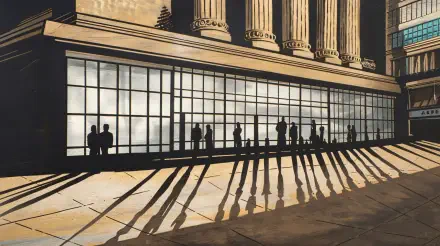 A striking 4K Ultra HD image of Wall Street, featuring silhouetted figures in front of a modern glass building, with dramatic shadows cast on the pavement.