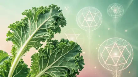 A vibrant close-up of kale leaves against a soft gradient background, featuring geometric designs that add a whimsical touch, making it a striking 4K Ultra HD desktop wallpaper.