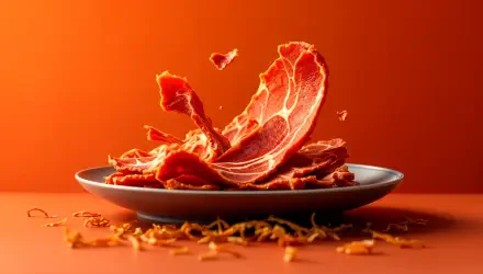 A vibrant 4K Ultra HD desktop wallpaper featuring a plate of beef jerky, with slices artfully arranged against a striking orange background.