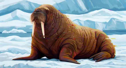 A detailed illustration of a walrus resting on ice, showcasing its distinctive tusks and textured skin, set against a backdrop of icy mountains. This serves as a striking 4K Ultra HD desktop wallpaper.