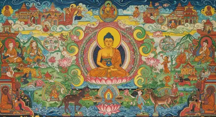 A vibrant 4K Ultra HD wallpaper depicting a serene Buddha surrounded by colorful scenes from Buddhist culture, symbolizing peace and enlightenment.