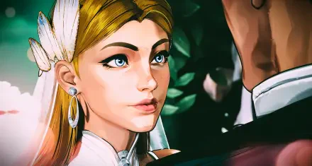 A detailed illustration from Marvel Rivals, featuring a woman with blonde hair and striking blue eyes, set against a vibrant background, ideal for a 4K Ultra HD desktop wallpaper.