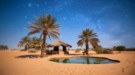 A tranquil desert oasis featuring a serene pool surrounded by palm trees and a shaded hut beneath a starry sky, captured in stunning 4K Ultra HD resolution.