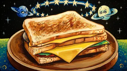 A vibrant illustration of a grilled cheese sandwich, featuring two layers of toasted bread and melted cheese, set against a whimsical cosmic background with stars and planets. 4K Ultra HD.