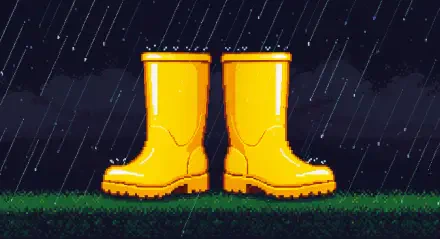 Bright yellow rain boots stand on grass under pouring rain, captured in a striking 4K Ultra HD wallpaper, evoking a vibrant, rainy day atmosphere.