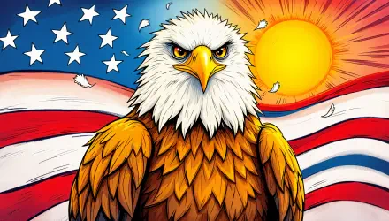 A striking bald eagle stands proudly against a backdrop of the American flag and a vibrant sun, creating a bold 4K Ultra HD wallpaper for desktops.