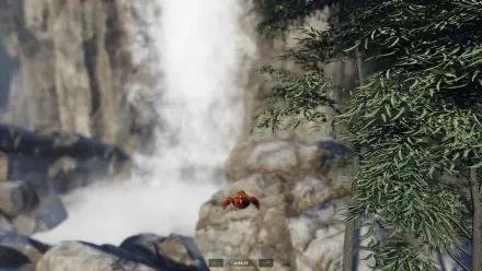 A scenic HD wallpaper featuring a waterfall and a flying chicken, inspired by the video game Unlucky Chicken, showcasing vibrant nature elements.