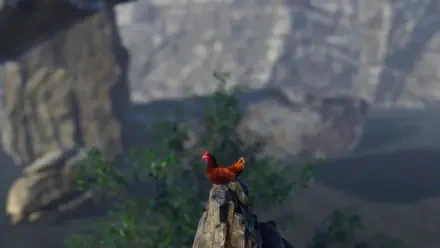 A vibrant chicken stands atop a rocky outcrop, surrounded by lush greenery, set against a backdrop of dramatic cliffs. This HD wallpaper captures the essence of the video game Unlucky Chicken.