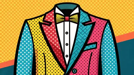 Vibrant tuxedo illustration featuring bold colors and patterns on a polka-dotted background, designed as a 4K Ultra HD PC desktop wallpaper and background.