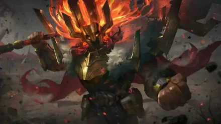 An 8K Ultra HD wallpaper featuring Mordekaiser, a fantasy warrior from League of Legends, wielding an imposing weapon with flames erupting from his crown in a dramatic scene.
