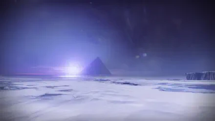 A serene, icy landscape featuring a distant mountain and a glowing light, showcasing a scene inspired by the video game Destiny 2. High-definition PC desktop wallpaper.