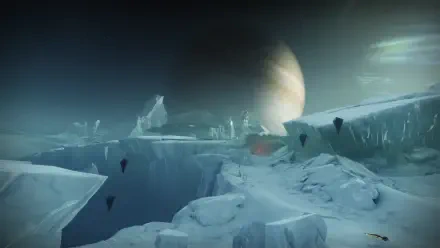 A stunning HD desktop wallpaper from the video game Destiny 2, featuring a desolate icy landscape under a dramatic sky with a distant planet, evoking a sense of exploration and adventure.