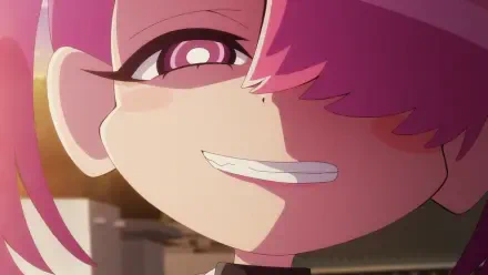 A vibrant HD wallpaper featuring a character from Aquarion: Myth of Emotions, showcasing a close-up of their mischievous smile and striking pink hair.