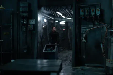 A scene from the 2025 movie Mickey 17, featuring Steven Yeun in a dimly lit, industrial setting, surrounded by machinery and electrical panels, creating a tense atmosphere.