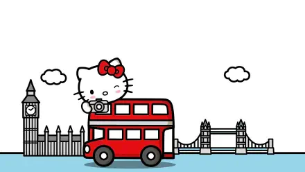 Hello Kitty (Sanrio) HD PC desktop wallpaper: Hello Kitty with a camera on a red London double-decker bus against Big Ben and Tower Bridge on a white background.