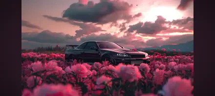 A Nissan Skyline R34 parked in a vibrant pink flower field at sunset, captured in an HD landscape wallpaper for PC desktop background.