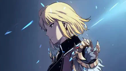 Cha Hae-in from Solo Leveling depicted in detailed anime style, showcased in a 4K Ultra HD PC desktop wallpaper with dynamic lighting and sharp contrasts.