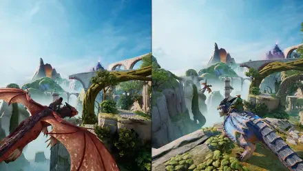 A stunning HD PC desktop wallpaper from the video game Split Fiction, showcasing a vibrant landscape with two dragons soaring over lush, mystical terrains under a clear blue sky.