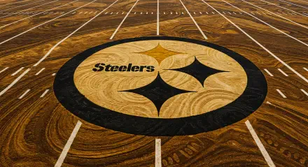 A high-resolution 4K Ultra HD wallpaper featuring the Pittsburgh Steelers logo centered on a field, showcasing the team's iconic colors and design.