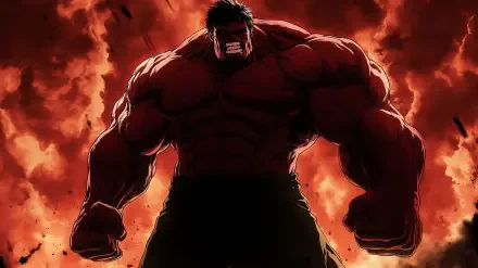 A dynamic HD wallpaper featuring Red Hulk amidst a backdrop of flames, capturing his powerful stance and intense expression from the comic universe.