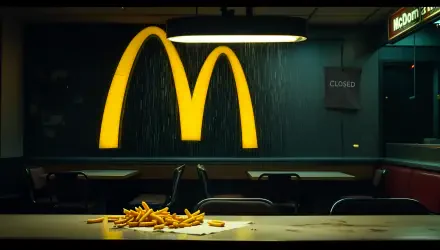 A McDonald's interior scene featuring a large golden arches logo, scattered fries on a table, and a CLOSED sign, captured in 4K Ultra HD quality for desktop wallpaper.