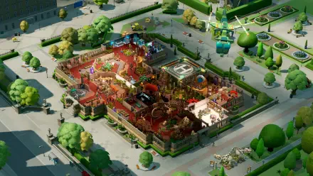 A vibrant screenshot from Two Point Museum, showcasing an intricately designed layout filled with attractions, colorful decor, and lush greenery, presented as a high-definition PC desktop wallpaper.