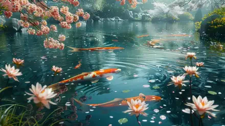 A serene lake features koi fish swimming among pink cherry blossoms and blooming water lilies, creating a tranquil and vibrant desktop wallpaper.