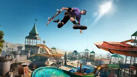 A dynamic scene from Tony Hawk's Pro Skater 3 + 4, featuring a skateboarder performing a trick high above a colorful skate park under a clear blue sky, serving as an HD PC desktop wallpaper.