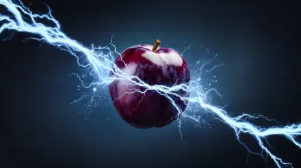 A vibrant plum is depicted against a dark background, surrounded by dynamic, electric blue lightning, creating a striking contrast in this 4K Ultra HD desktop wallpaper.