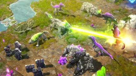 A vibrant 4K Ultra HD wallpaper from Eldrador Creatures Shadowfall, showcasing a dynamic scene with various creatures battling in a richly detailed environment.