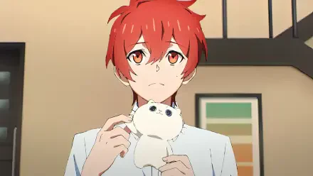 A character from the anime UniteUp! Uni: Birth holds a small plush toy, displaying a thoughtful expression. This HD image serves as an engaging desktop wallpaper or background.