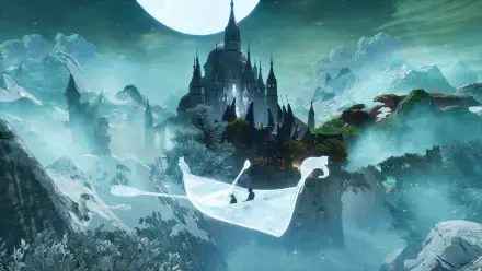 A mystical scene from the video game Split Fiction, featuring a serene landscape with a floating boat against a moonlit castle and ethereal mountains, designed as an HD PC wallpaper.