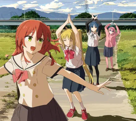 HD anime desktop wallpaper featuring characters from Bocchi the Rock! enjoying a sunny day outdoors with vibrant colors and expressive poses.