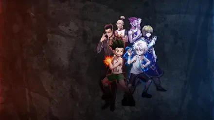 Hunter x Hunter 4K Ultra HD PC desktop wallpaper showing Gon, Killua, Kurapika, Leorio and other main cast posed against a dark textured background.