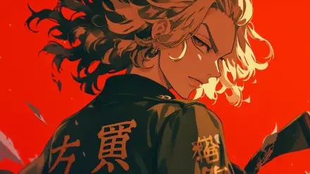 An HD desktop wallpaper featuring Mikey Manjiro Sano from Tokyo Revengers, set against a striking red background, showcasing dynamic anime artistry.