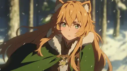 An HD wallpaper featuring Raphtalia from The Rising of the Shield Hero, displaying her with cat-like ears and flowing orange hair, set against a forest backdrop.