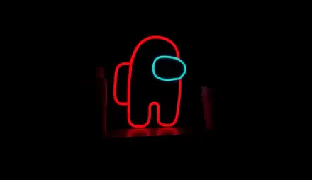 A vibrant 4K Ultra HD wallpaper featuring a neon red Among Us character against a dark background, embodying the playful and mysterious vibe of the popular video game.