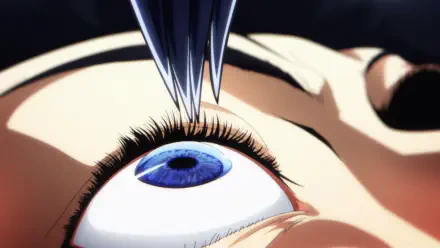 Close-up of Sung Jin-Woo from Solo Leveling, featuring striking anime eyes, set against a dark background, designed as an HD PC desktop wallpaper.