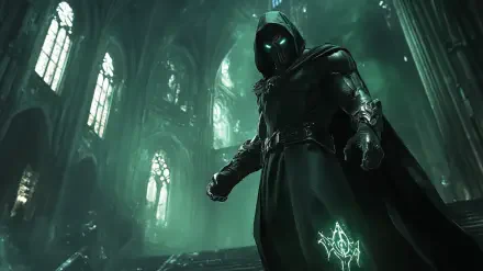A striking HD desktop wallpaper featuring Doctor Doom, shrouded in a dark cloak, standing menacingly in a gothic setting with eerie green lighting.