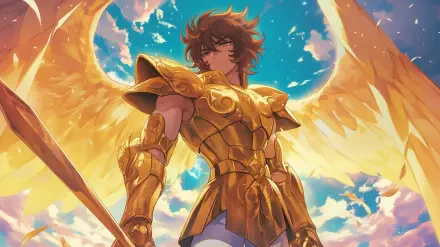 A dynamic HD wallpaper featuring Pegasus Seiya from Saint Seiya, adorned in golden armor with majestic wings, set against a vibrant sky filled with clouds.