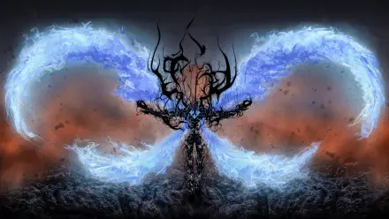 4K Ultra HD Solo Leveling wallpaper featuring Beru, enveloped in dark shadows with glowing blue wings spreading against a fiery, smoky background.