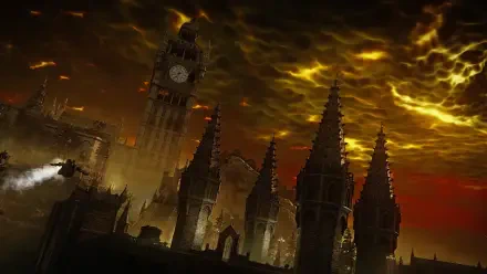 A dramatic 4K Ultra HD wallpaper featuring dark, gothic architecture against a fiery sky, inspired by the video game The Duskbloods.