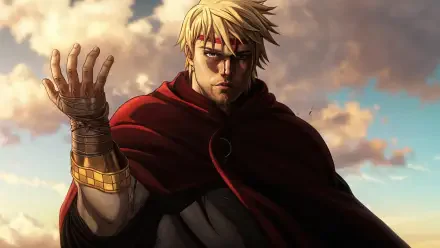 A striking 8K Ultra HD wallpaper featuring Canute from Vinland Saga, standing confidently against a dramatic sky, embodying strength and charisma in anime art style.