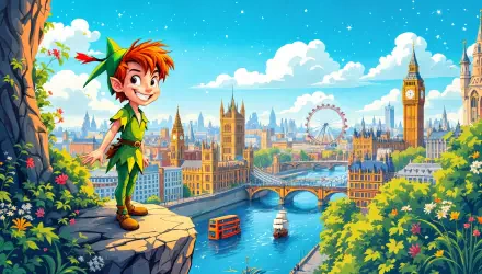 A vibrant 4K Ultra HD wallpaper featuring Peter Pan, standing confidently on a cliff with a scenic view of London’s skyline, including the London Eye and Big Ben.
