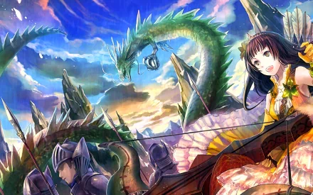 HD PC desktop wallpaper and background from the video game Half-Minute Hero: colorful fantasy scene with a coiling green dragon, armored knights and a smiling heroine beneath a dramatic sky.